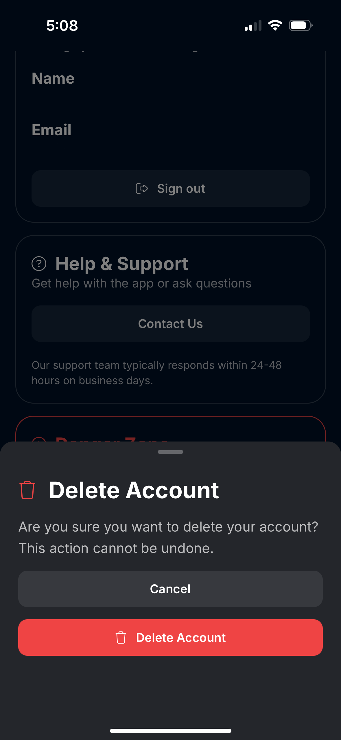 Delete Account button and confirmation dialog
